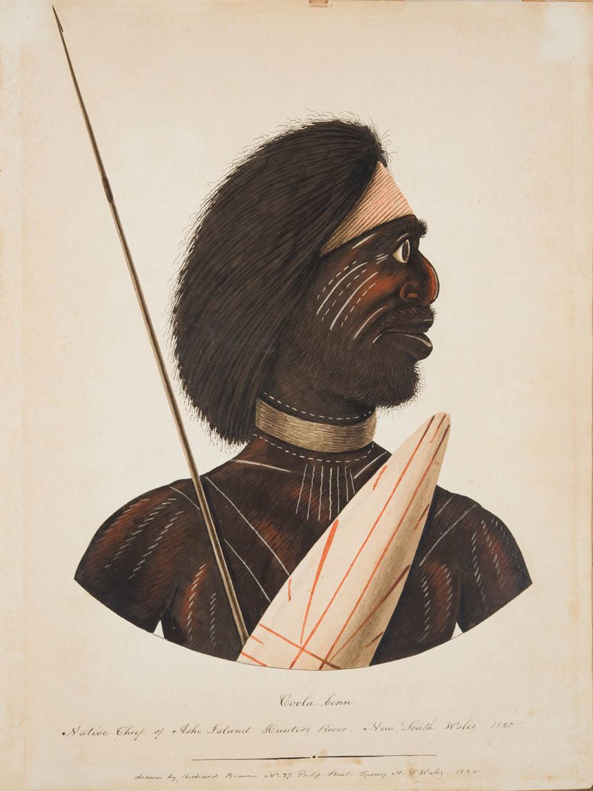 Richard BROWNE 'Coola-benn, Native Chief of Ashe Island Hunters River, New South WaleS' 1820 watercolour and bodycolour on paper, 47.0 x 36.0 cm Purchased with assistance from Robert and Lindy Henderson, Newcastle Art Gallery Society, Newcastle Art Gallery Foundation and the community 2010 Newcastle Art Gallery collection