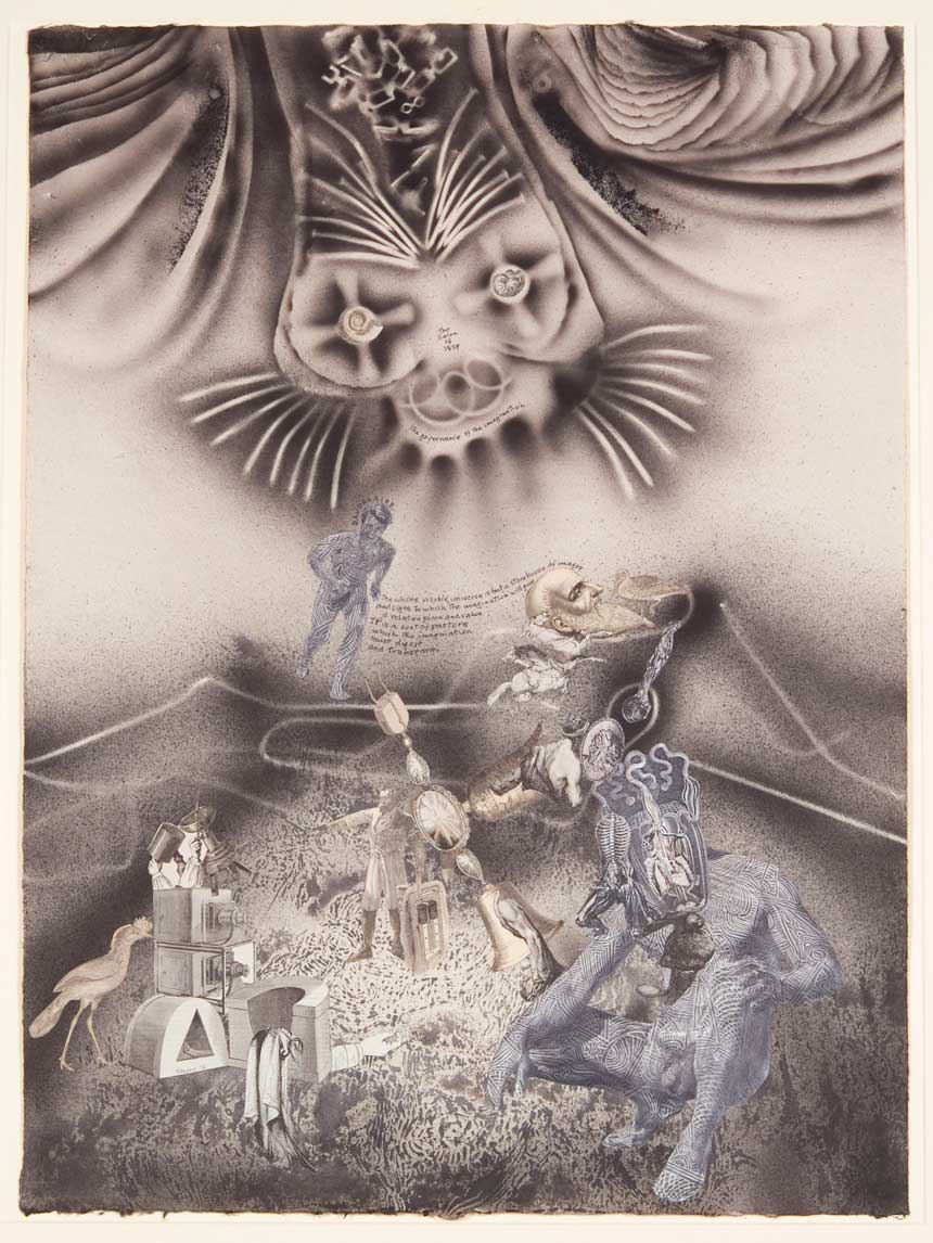 James GLEESON 'Baudelaire: The salon of 1895 – The governance of the imagination' 1976 ink wash, pen and ink, collage and pencil on paper, 70.1 x 51.4 cm Gift of Horace Saducas through the Australian Government’s Taxation Incentives for the Arts Scheme 1995 Newcastle Art Gallery collection