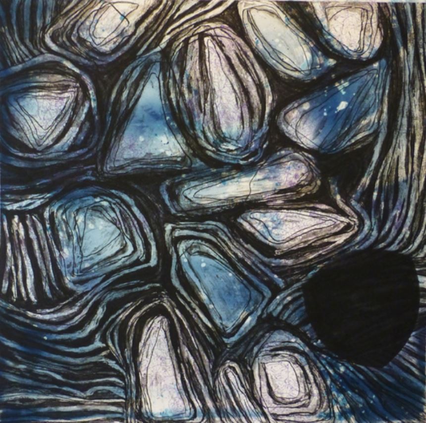 Patricia WILSON-ADAMS <i>The Phainō series - Bad weather II</i> cyanotype, relief print and intaglio 76.0 x 76.0cm Courtesy the artist