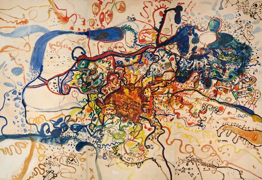 John OLSEN OBE, AO 'The sea sun of 5 bells' 1964 oil on gesso on board, 3 panels 366.5 x 536.3cm Gift of Ann Lewis AO 2011 Newcastle Art Gallery collection