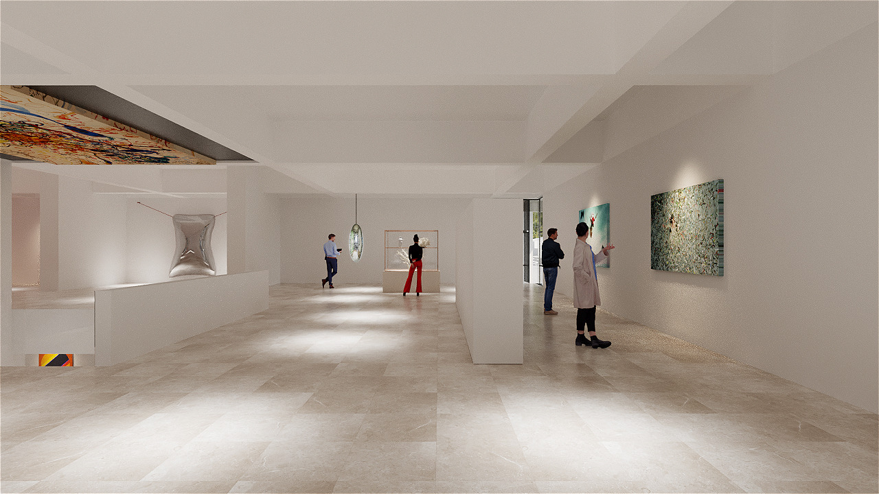Picture caption: An artist's impression of one of the first floor gallery spaces, with John Olsen 'The sea sun of 5 bells' artwork on the ceiling.