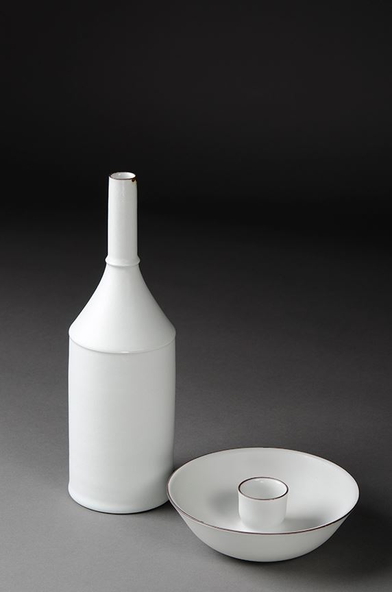 Kirsten Coehlo 'Bottle and candle holder' 2012 porcelain, matt glaze grey/white, banded iron oxide 27.7 x 8.9cm / 4.6 x 15.3cm Purchased 2013 Newcastle Art Gallery collection